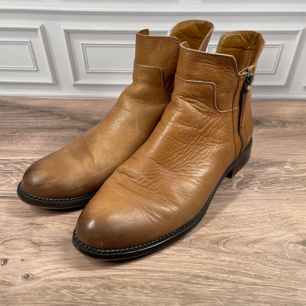 Franco Sarto Halford Ankle Boots Tan Leather Dual Zip Almond Toe Womens 11M